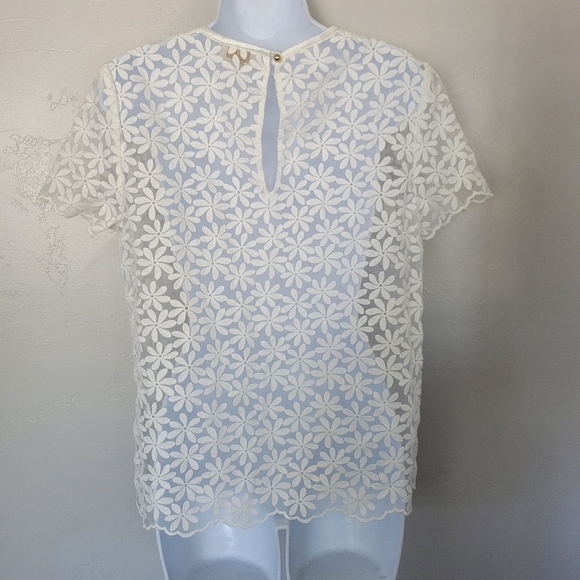 Kate Spade Women's 10 White Short Sleeve Blouse Embroidered Floral Top Sheer - Picture 6 of 9